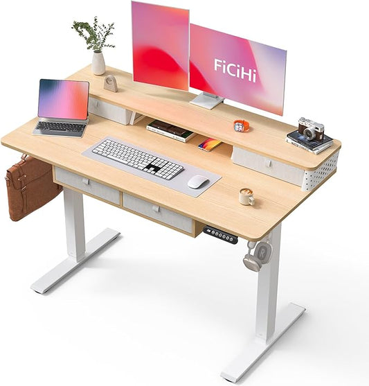 FiCiHi Electric Standing Desk with Four Drawers, Adjustable Height Sit Stand Desk, C-Clamp Compatible Home Office Desk with Storage Shelf & Monitor Stand Riser, 48 x 24 Inch, Maple