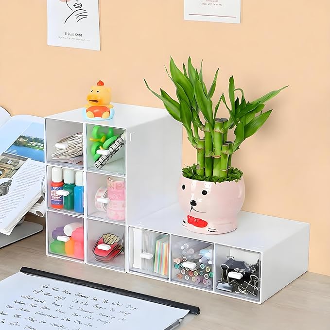 OSteed Desktop Drawers, Desk Organizer with 6 Drawers, Stackable Plastic Storage Box for Home Collection, Cosmetics, Jewelry, Office Supplies (2 Tall Layers, White)