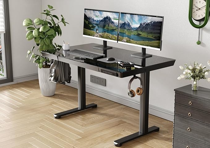 Claiks Glass Standing Desk with Drawers, 48×24 Inch Adjustable Stand Up Desk, Quick Install Home Office Computer with USB Ports, Black