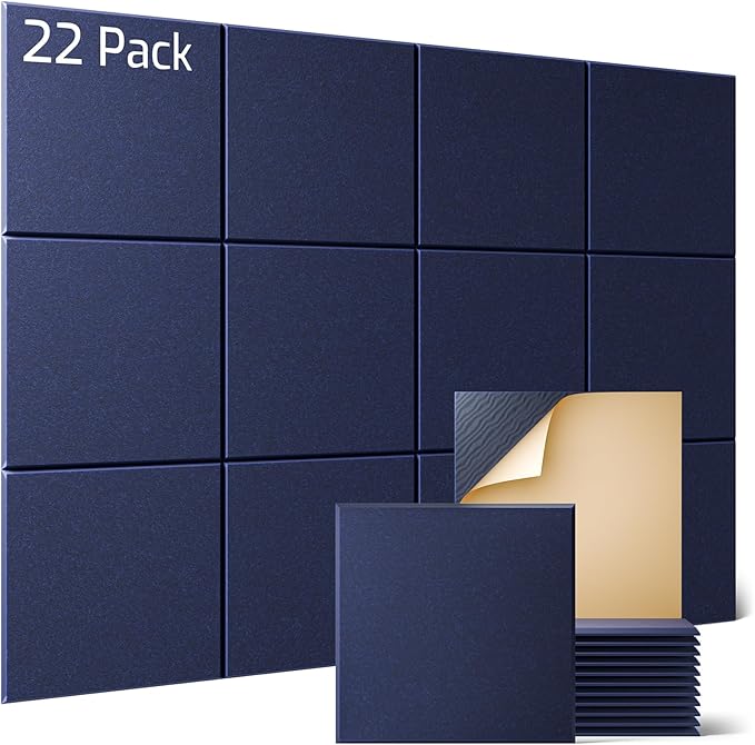 Sonicism 22 Pack Acoustic Wall Panels with Self-Adhesive, 12" X 12" X 0.4" Sound Proof Foam Panels, Decorative Soundproof Wall Panels, Sound Proof Absorbing Tiles for Home & Offices, Dark Blue