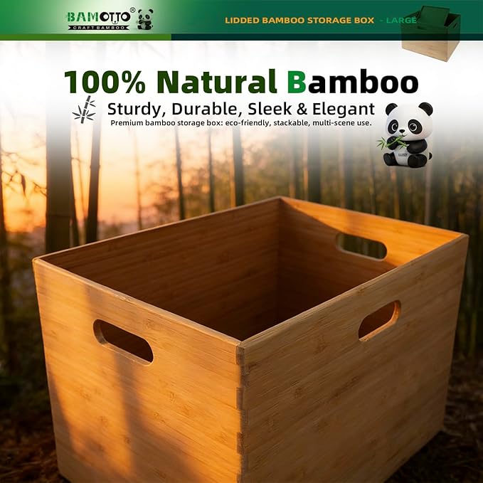 BAMOTTO Lidded Bamboo Storage Bins & Box/Cube/Basket, Home Kitchen and Office Storage Boxes with Handles & Stackable for Organizer Tableware, Crafts, Office Shelf Books, Large, 14.6”x10.2”x9.6”