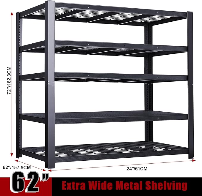 ZEUKMXOO 62" W 3050LBS Storage Shelves Unit,5 Tier Heavy Duty Metal Shelving Unit and Storage Large Rack,72" H x62 W x24 D Adjustable Metal Shelving Unit,Garage Shelves for Basement,Warehouse