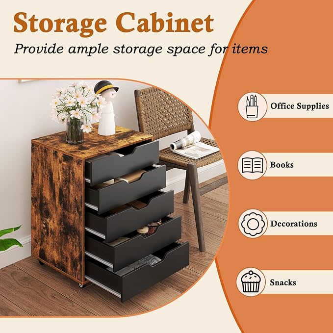 Giantex 5-Drawer Storage Cabinet with Drawers, Wheels, Rolling Lateral Filing Under Desk, Chest, 19.5" x 16" x 25.5" Office Mobile File Cabinet for Living Room, Study