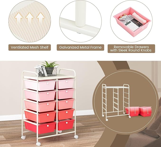 LDAILY 10 Drawer Rolling Cart, Storage Cart Organizer on Wheels, Drawer Cart with Metal Frame & Large Storage Capacity, Rolling Cart with Drawers for Living Room Classroom, Office