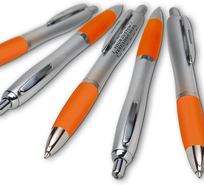 DISCOUNT PROMOS Personalized Ballpoint Pens With Rubber Grip, 100 pack Customizable Ergonomic Click-to-Write Custom Writing Pens for School with Black Ink, Orange