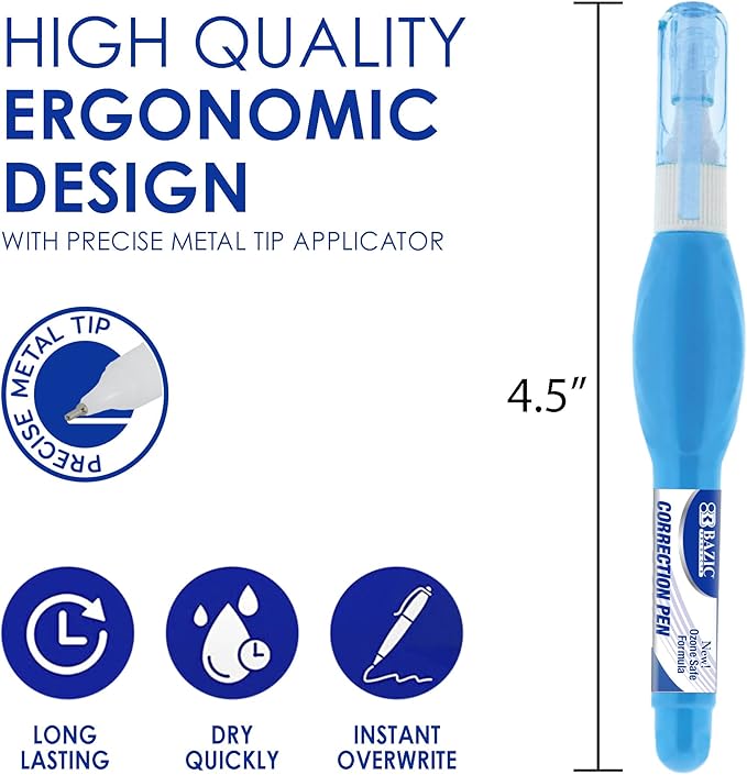 BAZIC Products Mini Correction Pen - Corrections Fluid, Precise Metal Tip White Out, Ideal for School & Office Supplies, Alternative to Correction Solution, 3/Pack, 24-Packs