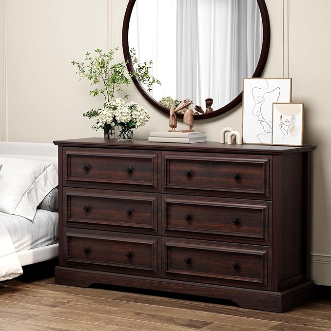 VVFLU Farmhouse 6 Drawer Dresser for Bedroom, 54" Wide Wood Dresser with Natural Texture, Rustic Chest of Drawers for Bedroom with Vintage Metal Hands, for Living Room, Hallway, Cherry