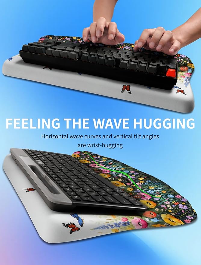 KUOSGM Ergonomic Wave Wrist Rest with Keyboard Stand, Cushioned Palm Rest, Comfortable Integrated Memory Foam for Natural Typing and Relieve Wrist Pain, Flowers and Butterflies