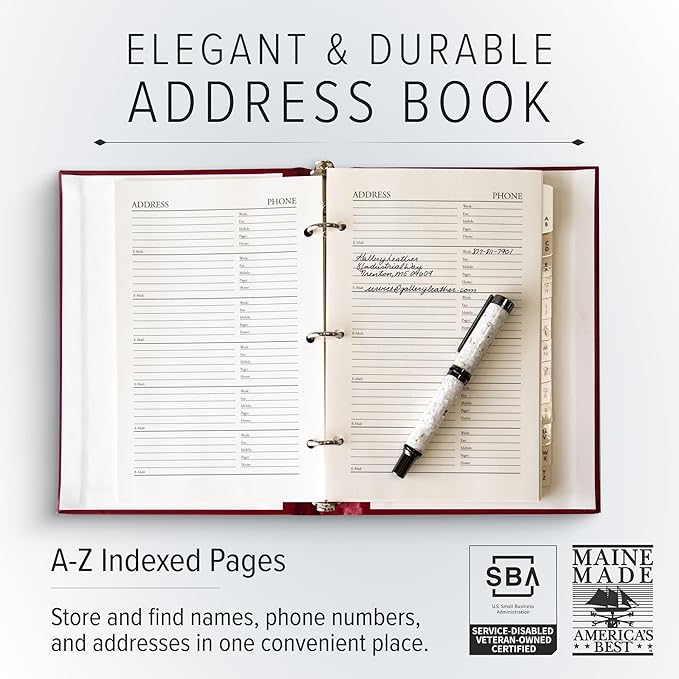 Gallery Leather Large Address Book with Alphabetical Tabs up to 480 records, Leather Notebook Hardcover, Telephone and Address Books - 9x7, Desk Address, Acadia Burgundy