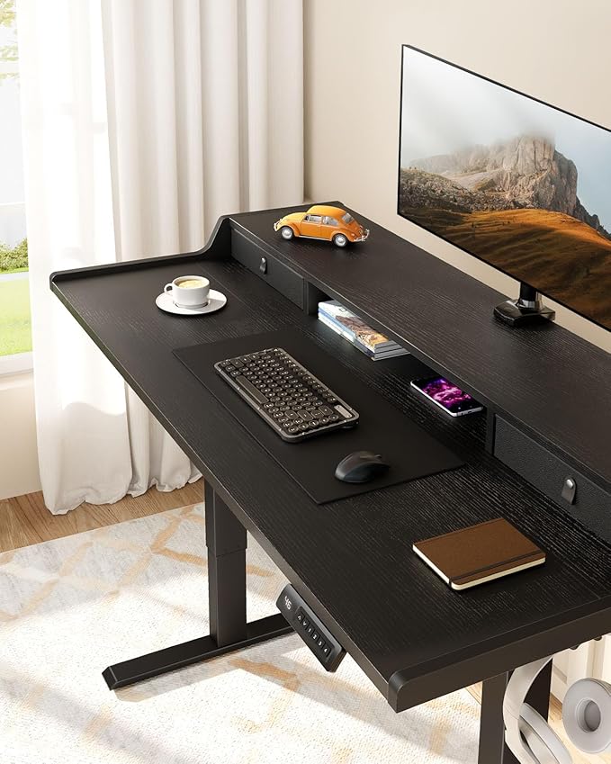 ErGear Electric Standing Desk with Drawers, 48″ x 24″ Gaming Table Compatible Monitor Stand, Stand up Desks, Home Office Height-Adjustable Desk with Storage Shelf, 4 Preset Heights, Black
