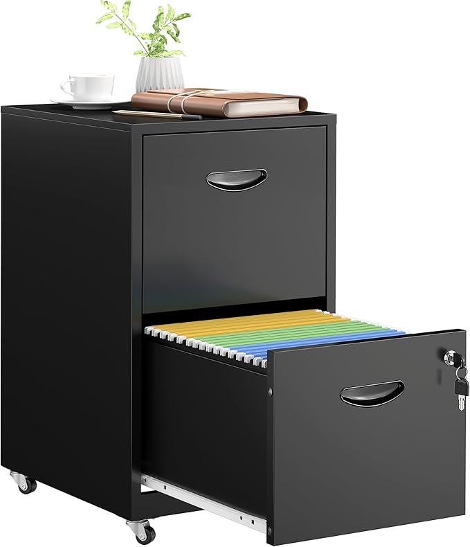 SteeLoong 2 Drawer File Cabinet with Lock，Black Rolling File Cabinet for Home Office, Metal Small Mobile Filing Cabinets on Wheels for Hanging Letter