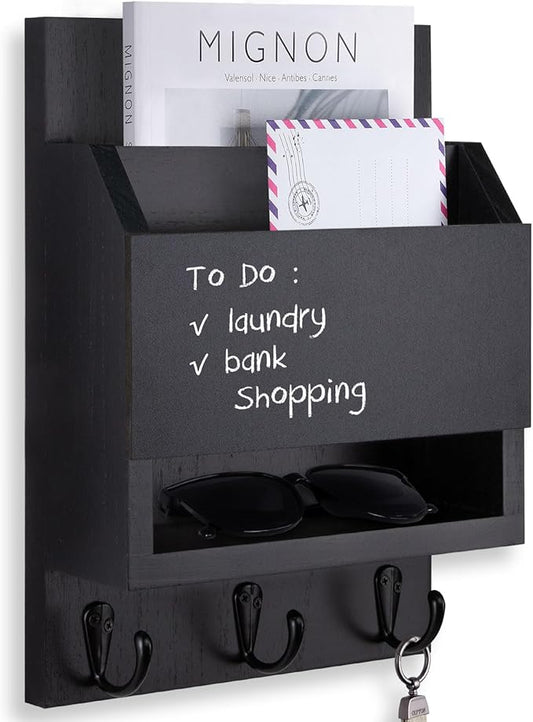 Lucundm Key and Mail Holder for Wall, Key Holder with Chalkboard and Long Storage Box, Key Hanger with 3 Sturdy Hooks for Coat, Dog Leash, Entryway Mail Organizer (Black)