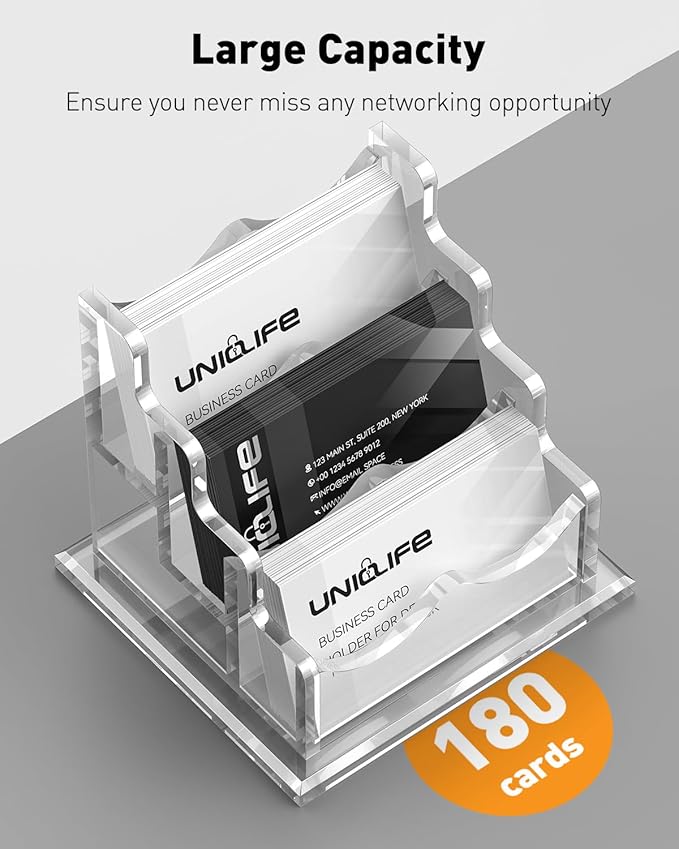 Uniclife Acrylic Business Card Holder for Desk 3 Slots Clear Horizontal Business Card Display Stand for Men & Women Desktop Name Card Organizer Card Stand for Office Home Exhibition, 180 Card Capacity