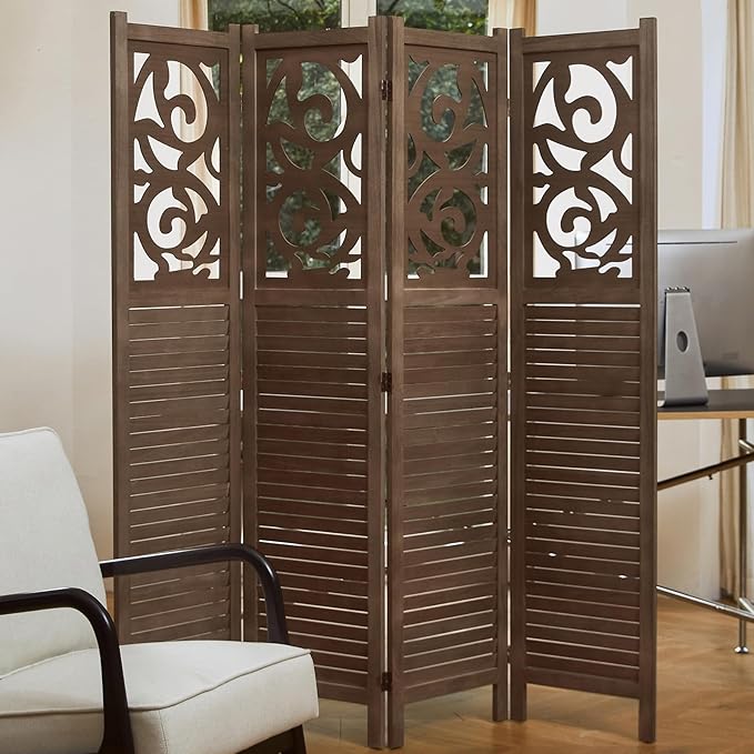 Room Divider Wood Carved Wall Divider Indoor Folding Portable Partition Screen for Home Office Garden Terrace - 4 Panel, 67 * 60inch (Dark Brown)