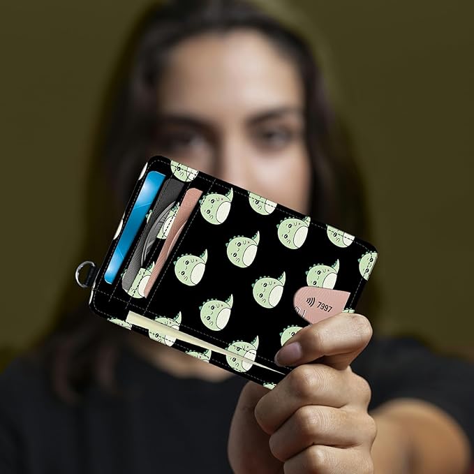 BWEGRHE Small Travel Wallets, Cute Dinosaurs Slim Minimalist Front Pocket Wallet with Wristlet, RFID Blocking PU Leather Credit Card Holder with ID Window Change Purse for Men Women