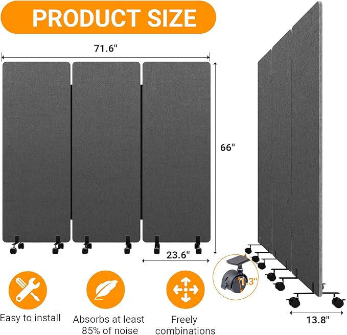Soundproof Room Divider W/Wheels, 66in Office Dividers for Sound Proofing & Reducing, Sound Proof Dividers for Office Partitions Portable Acoustic Wall Divider (Dark Grey, 3 Panel+3 Panel)