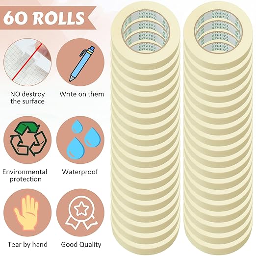 Fainne Masking Tape Bulk General Purpose Masking Painting Tape 55 Yards for Painting Home Office School Stationery Arts Crafts Basic Use, Easy Removal(60 Rolls,0.8 Inch)