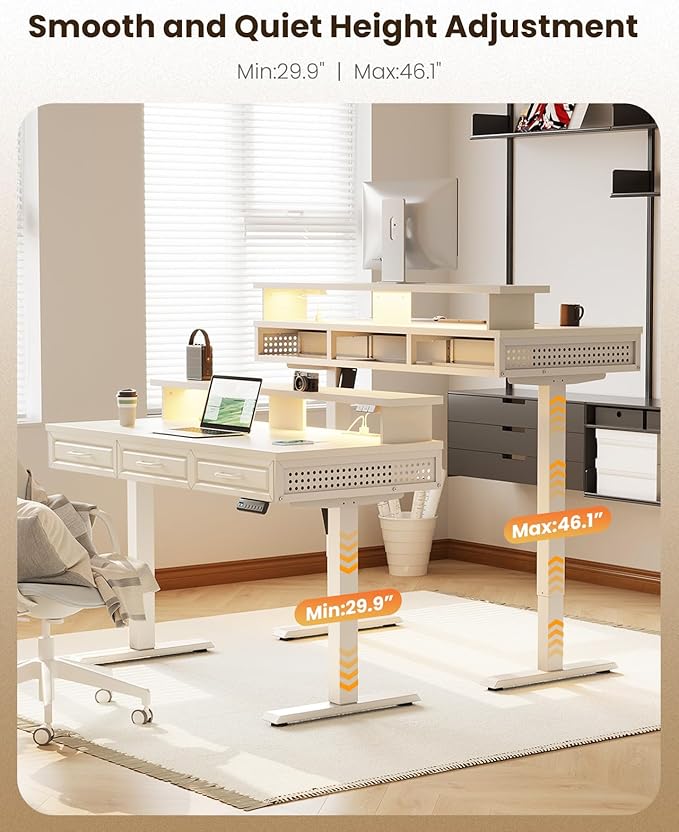 OffiGo Electric Standing Desk with 3 Wooden Drawers, 48 Inch Height Adjustable Desk with Power Outlets & LED Lights, White Sit Stand Table with Monitor Stand for Home, Office, Workstation