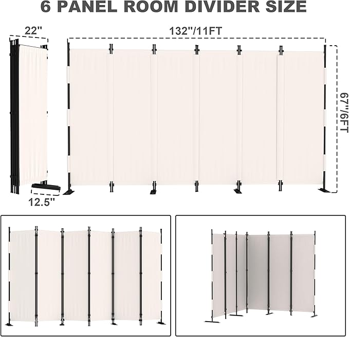 Kecreque 6 Panel Room Divider,6ft Folding Screen Portable Wall Partition Room Divider with 4 Metal Feet,Privacy Screen Indoor Doubles as a Cubicle Wall,Suitable for Bedroom Dressing Room Office