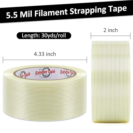 Ealyder Tape 5 Pack Transparent Reinforced Fiberglass Tape – 2 Inch x 30 Yards, 5.5 Mil Filament Strapping Tape, Adhesive Heavy Duty