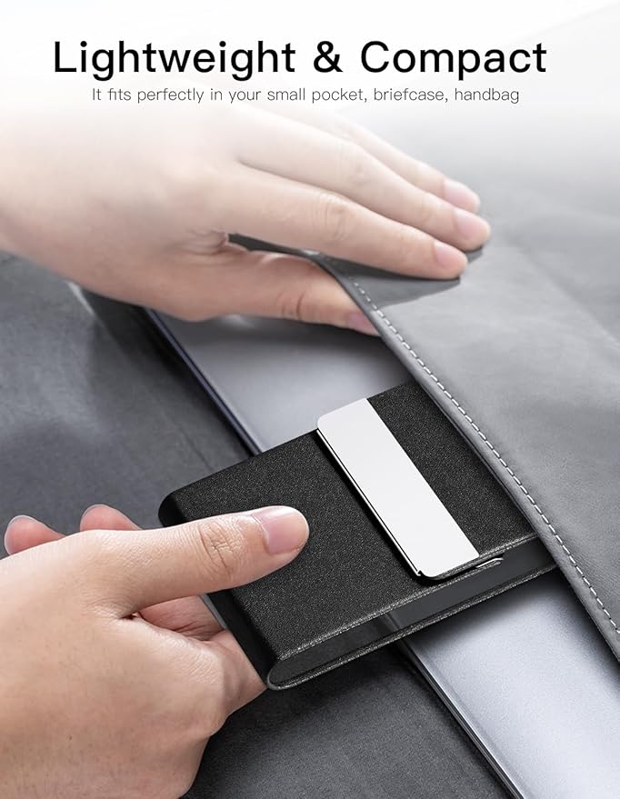 Padike Professional Business Card Holder PU Leather Business Card Case Name Card Holder Slim Metal Pocket Card Holder with Magnetic Shut (Y-Black)
