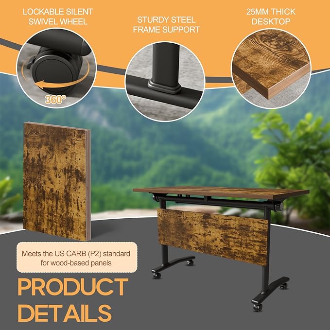 Folding Conference Table 4ft 5ft, Foldable Office Meeting Desk for 6 People, Multiple Sizes Colors Mobile Conference Room Table for Training Room School Business Furniture (6, Brown, 71in)