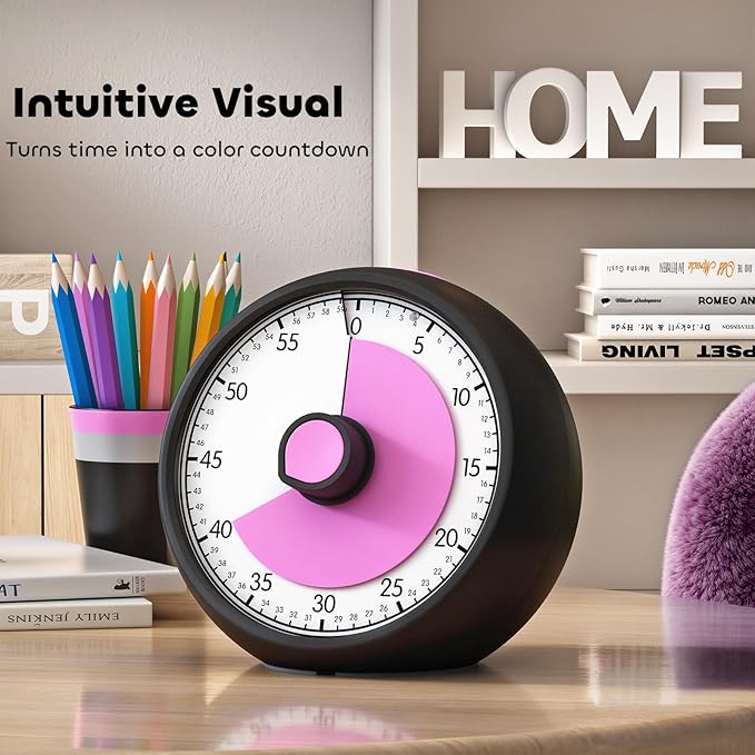 Visual Timer for Kids 60-Minute Countdown Timer with Optional Alarm, Focus Tool for ADHD & Autism, Time Management for Homework, Chores, Office, Kitchen, Teaching & Study Routines (Black Pink)