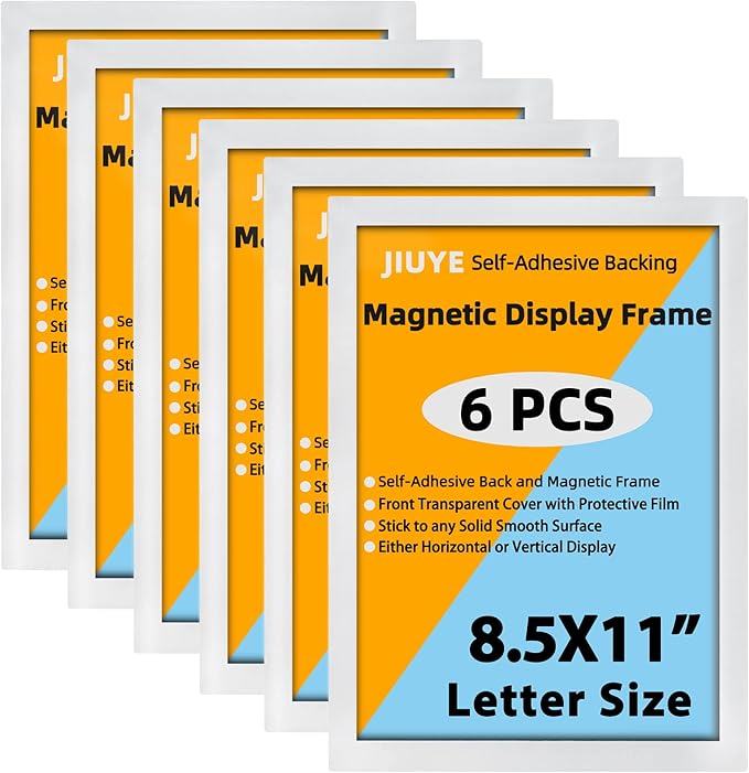 JIUYE 8.5 x 11 Self Adhesive Magnetic Sign Holder,Dual Sides Transparent Magnetic Window Display Frame for Office/Store/School as Shop Notice Frame/Schedule (8.5"x11" 6Pcs, Silver)