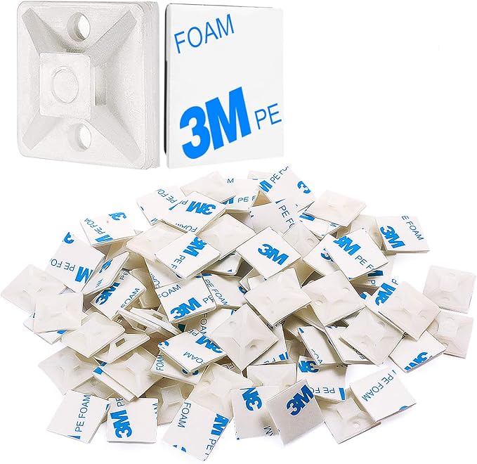 XHF 500 PCS 3/4" White Self Adhesive Cable Zip Tie Mounts Wire Cable Clips Holders Management Anchors Organizer Holders Squares(HS-101S)