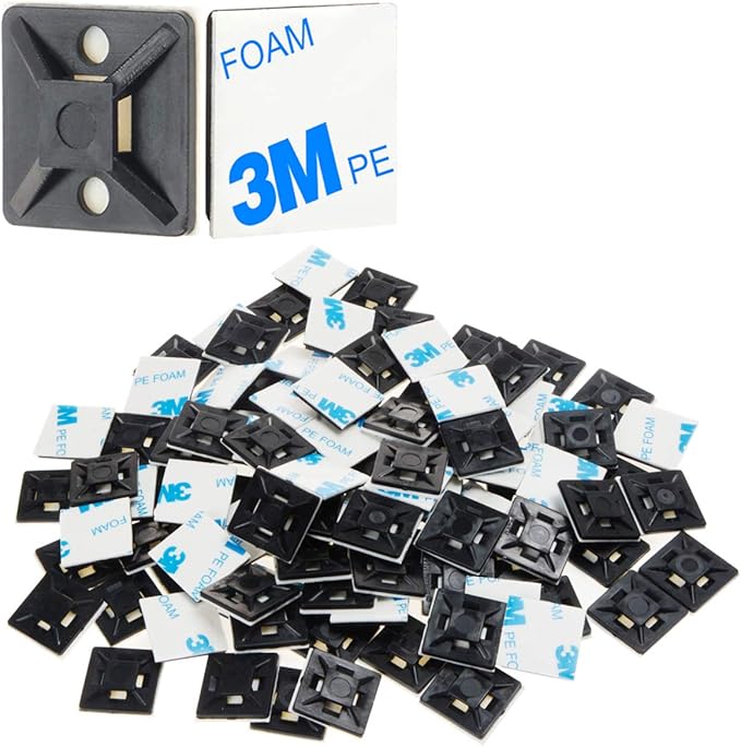 XHF 500 PCS 3/4" Black Self Adhesive Cable Zip Tie Mounts Wire Cable Clips Holders Management Anchors Organizer Holders Squares(HS-101S)