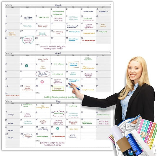Dry Erase Vertical Three Month Laminated jumbo Wall Calendar, 46 x 63, Huge quarterly Laminated Erasable White Board, Giant 90 day Family Whiteboard Schedule Planner, Large Multi Month Reusable