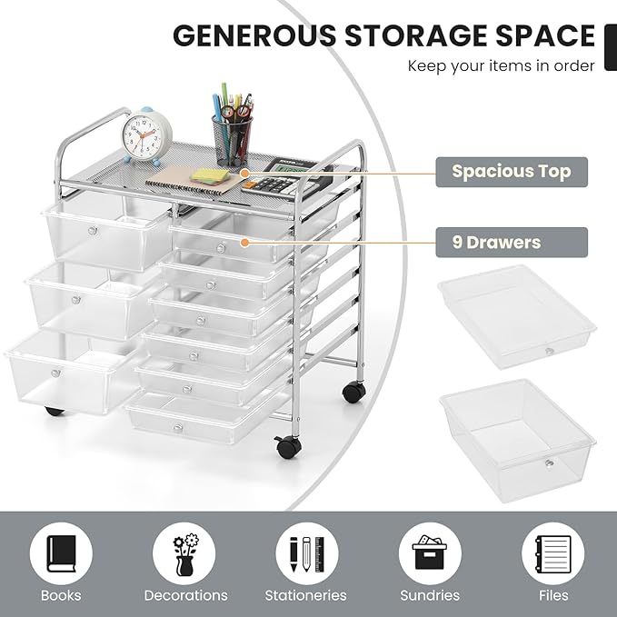 LDAILY 9 Drawer Rolling Storage Cart, Rolling Cart with Drawers for Classroom, Art Supply Craft Organizer on Wheel with Metal Frame & Handles for Home Office School