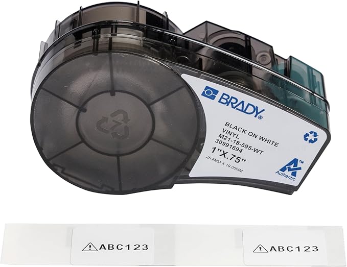Brady Authentic (M21-18-595-WT) All-Weather Vinyl Label for Indoor/Outdoor ID, Lab and Equipment Labeling, White on Black- for M210, M210-LAB, M211, BMP21-PLUS and BMP21-LAB Printers, .75" H, 1" W