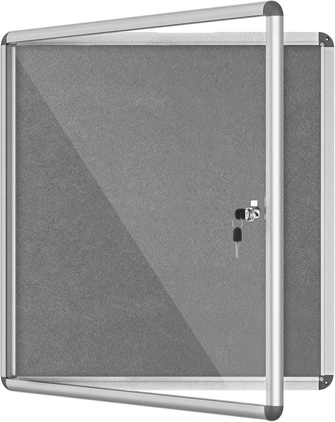 Mifuro 28"x26" Enclosed Bulletin Board, Lockable Weather-Resistant Aluminum Cork Noticeboard for School & Office, Silver Frame w/Grey Flet