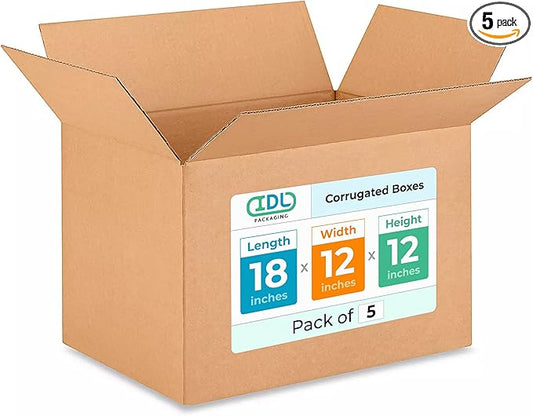 Medium Shipping & Moving Boxes 18 x 12 x 12 inches (5-Pack) - Extra Strength 200 lb vs Regular - Corrugated Moving Boxes for USPS/FEDEX - Medium Size Moving Box - Corrugated Box by IDL Packaging