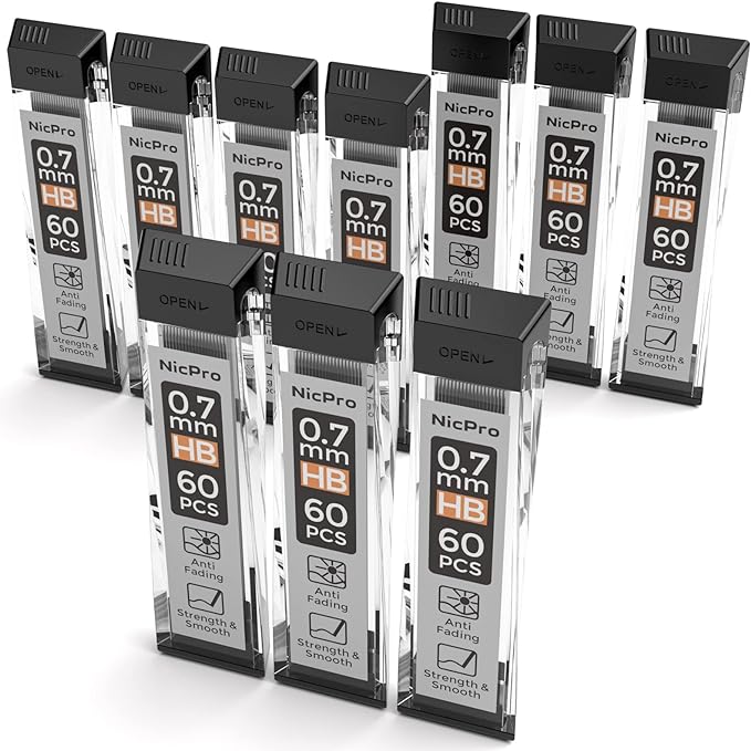 Nicpro 600 PCS Lead Refills 0.7mm HB #2 Break Resistant Mechanical Pencil Refills 0.7 mm, 60 Pack Per Tube, 10 Tubes