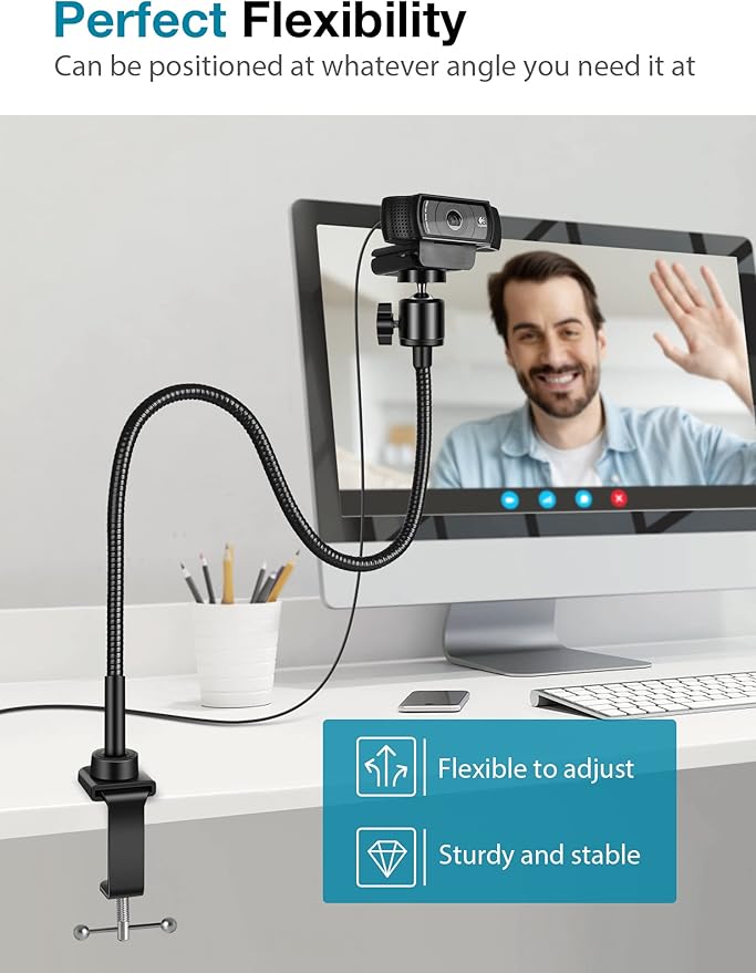 InnoGear Webcam Stand with Phone Mount, Desk Camera Arm Stands Gooseneck for Logitech Webcam BRIO 4K C960 C920 C920S C922 C922x C925e C930 C930e C615 NexiGo N60, Right Light, Gopro with 1/4" Thread