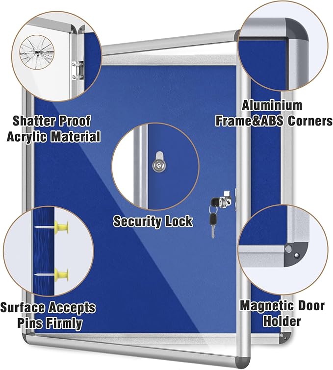 Mifuro 28"x26" Enclosed Bulletin Board, Lockable Weather-Resistant Aluminum Cork Noticeboard for School & Office, Silver Frame w/Blue Flet