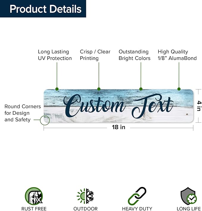 Custom Sign, Custom Street Sign, 11 Font Colors, 13 Font Styles, 4 Hole Options, 22 Sizes, 4x18 Inches, Rust Free DiBound, Fade Resistant, Made in USA by My Sign Center (Coastal)
