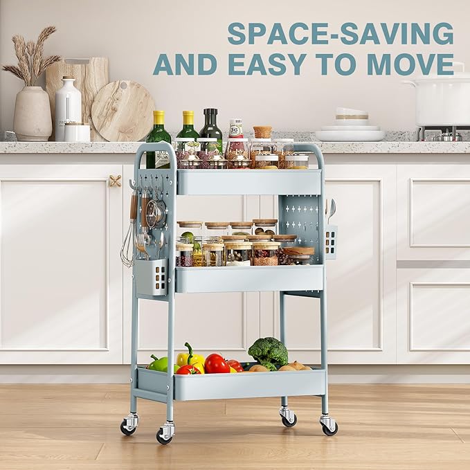 KINGRACK 3 Tier Rolling Cart with DIY Hanging Board, Metal Rolling Utility Cart with Wheels Handles Baskets Hooks, Rolling Storage Cart Suitable for Bathroom, Kitchen, Office, Nursery Diaper (Green)