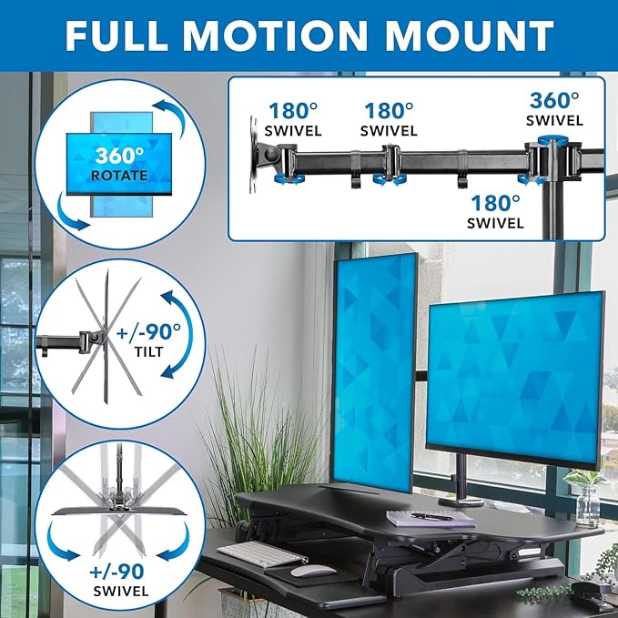 Mount-It! Standing Desk Converter Height Adjustable 47" Extra Large Wide Stand Up Desk Riser, Dual Monitor Arm Mounts, Stand Up Desk Convertor with Keyboard Tray, Fits Two Monitors up to 32"