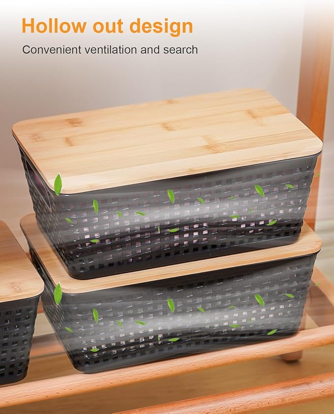 Anywish Storage Bins with Lids 10 Packs, Plastic Storage Bins with Bamboo Lids for Pantry Organization and Storage Containers for Shelves Drawers Desktop Closet Playroom Classroom Office Home, Black