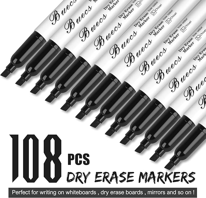 Buecs Black Dry Erase Markers, Low-Odor, 108 Count, Chisel tip, Perfect for Writing on Whiteboards, Dry-Erase Boards, Glass, School Office Supplies