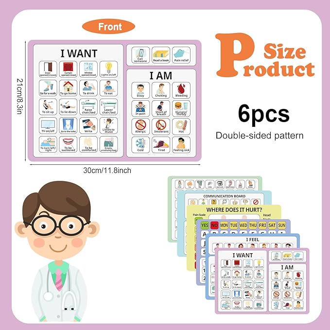 6 Pcs Communication Boards for Non Verbal Adults 11.81 x 8.27'' Colorful Picture Symbol Communication Cards Speech Tool for Autism Aphasia Stroke Patients Hospital Care Use (Multi)