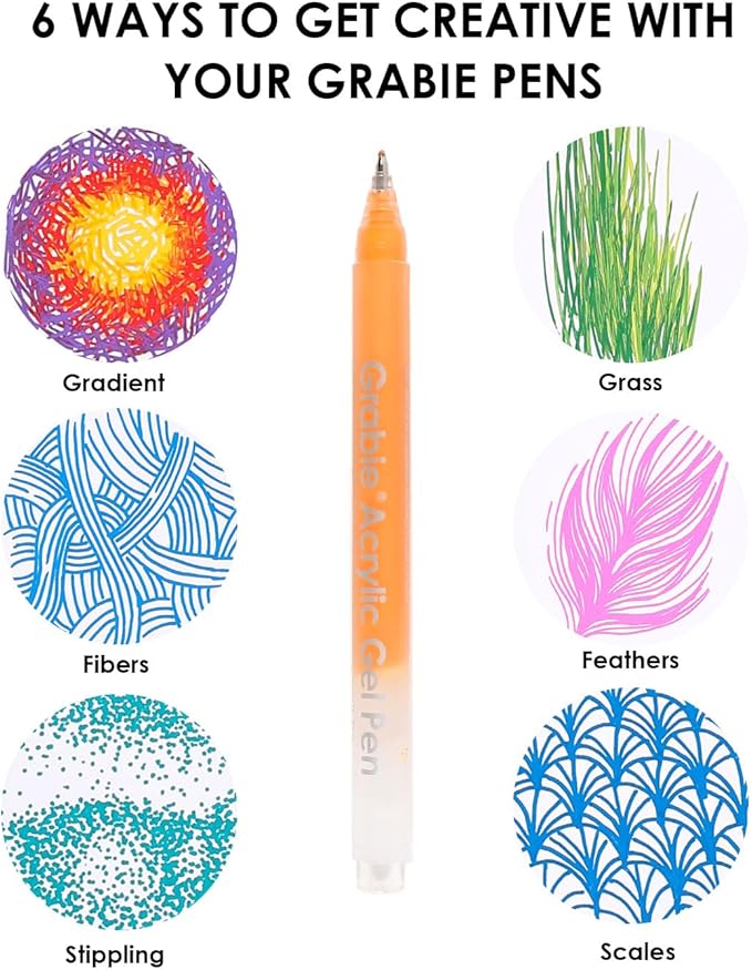 Grabie 12Colors Acrylic Gel Pens&Coloring Book, Medium Point Colored Gel Pens, Acrylic Gel Ink Pen Assorted Colored for Drawing, Note Taking, Bold&Bright Coloring Kit, Set of 12 (Essential Colors)