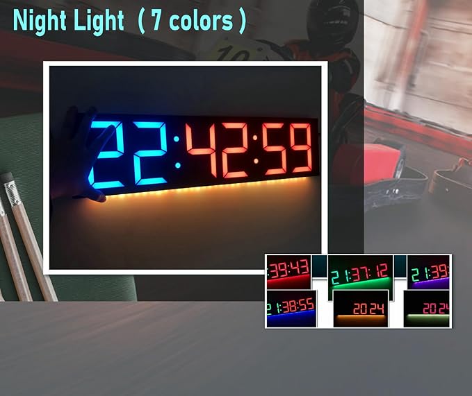 ETEBRG 17.3'' Huge Digital Wall Clock, Home Gym Interval Workout Timers, with Countdown, Stopwatch, 7-Color Light, 8-Alarms, Calendar/Temperature Display, for HIIT/Tabata/FGB/EMOM (Red)
