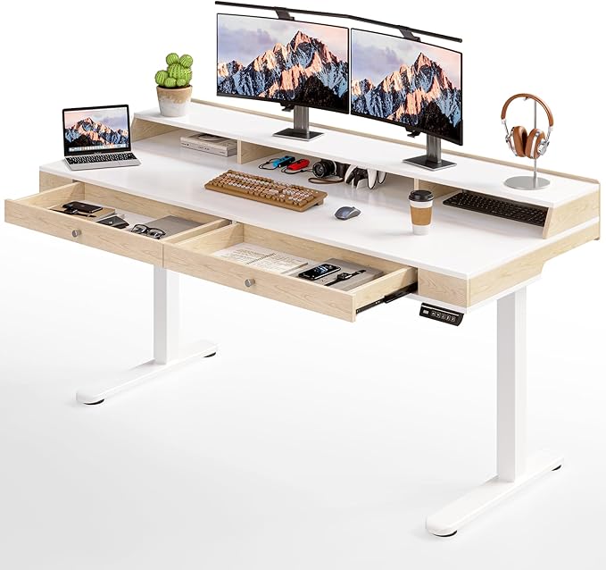 Standing Desk With Drawers, 55x23.6 Inch Electric Stand Up Workstation With Storage Shelf and Memory Controller, Adjustable Height 28-46 Inch for Computer, White