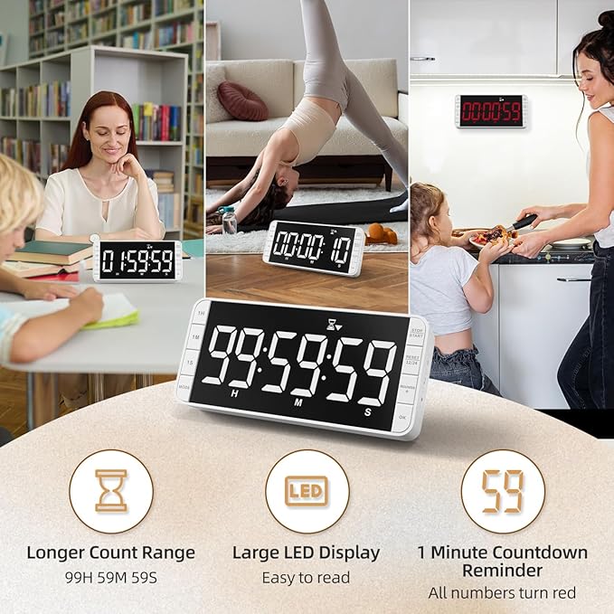 7.8'' Extra Large Rechargeable LED Kitchen Timer - 99H Countdown/Countup, 3 Brightness, 5 Alarms, 4 Volume Levels | Magnetic Large Timer for Cooking, Classroom, Home Gym