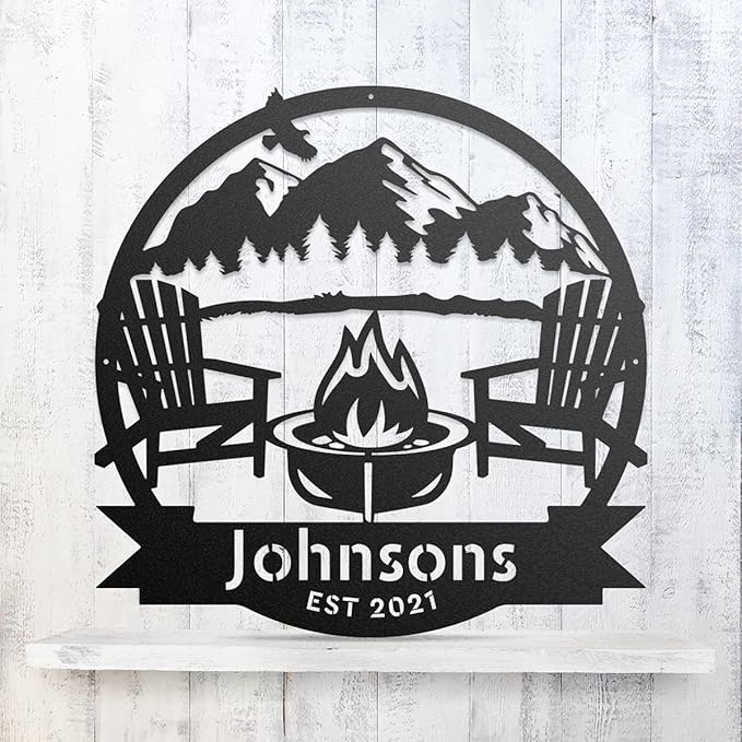 RealSteel Personalized Campfire Monogram Sign – Custom Metal Wall Art for Home, Cabin, or Campsite – Ideal Gift for Weddings, Anniversaries, Housewarmings