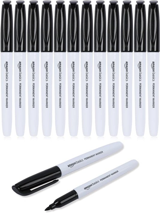 Amazon Basics Fine Tip Point Permanent Markers for Office, School, and Home Use, Black, 12 Pack